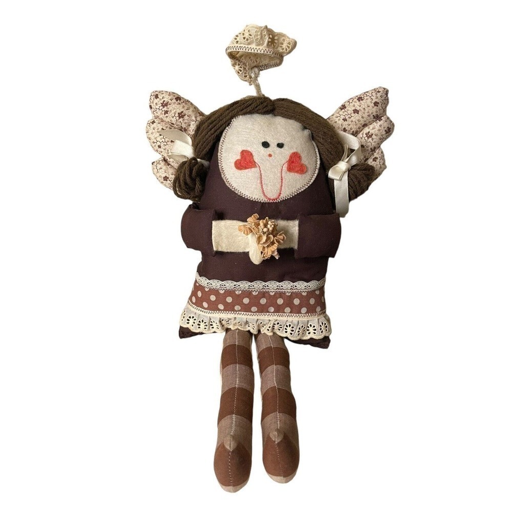 Vintage 1970s Whimsical Angel Plush Cloth Doll Decor Brown 19 Inches Home made
